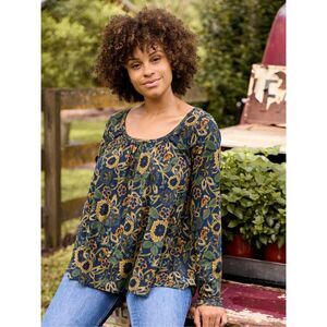 Natural Life Iris Top Navy & Yellow Floral Size L Boho, Casual
